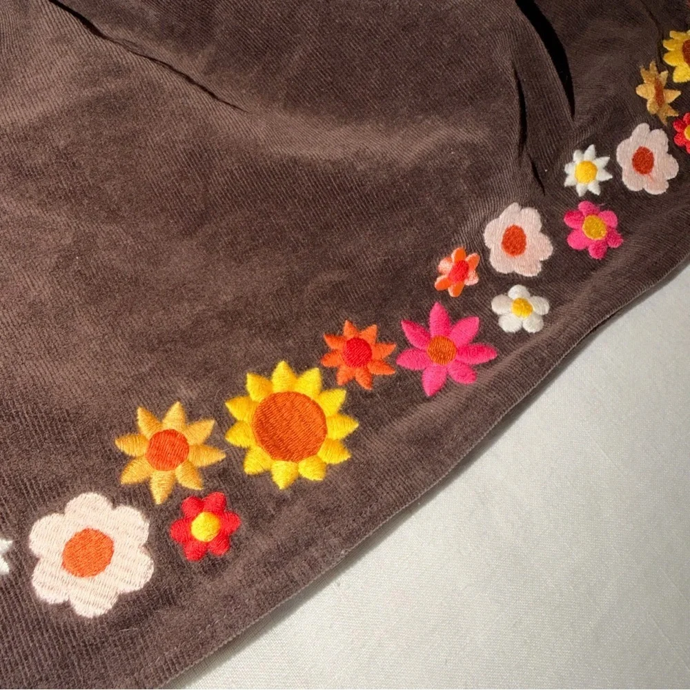 Gymboree Girls Brown Corduroy Skirt Floral Embroidered Flower Hem - Size 7